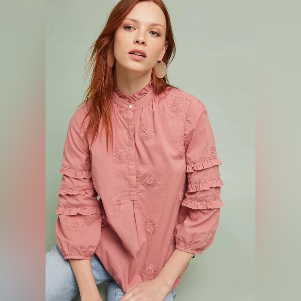 ANTHROPOLOGIE WOMENS ISABELLA SINCLAIR SUNFLOWER EMBROIDERED HENLEY BLOUSE